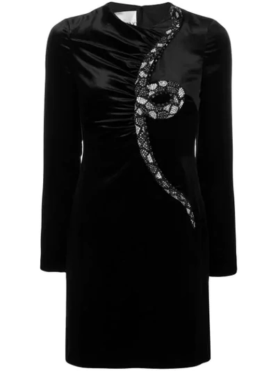 Valentino Long-sleeve Velvet Cocktail Dress W/ Embellished Snake In Black