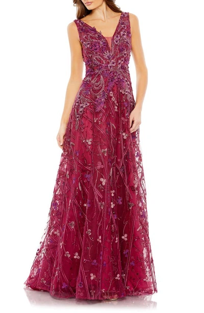 Mac Duggal Women's Embroidered Floral A-line Gown In Berry