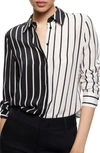Alice And Olivia Willa Colorblock Stripe Silk Button-up Shirt In Black