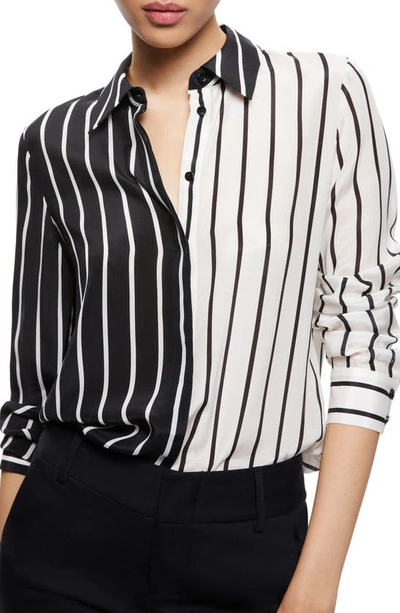 Alice And Olivia Willa Colorblock Stripe Silk Button-up Shirt In Black