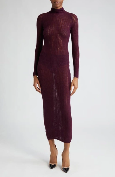 Alaïa Ladder Stitch Long Sleeve Virgin Wool Blend Dress In Aubergine