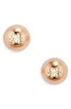 Tory Burch Swarovski Crystal Pearl Logo Stud Earrings In Tory Gold