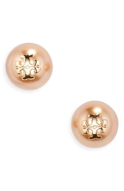 Tory Burch Swarovski Crystal Pearl Logo Stud Earrings In Tory Gold