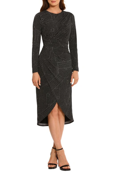 Maggy London Abstract Print Long Sleeve Midi Dress In Black/ Soft White