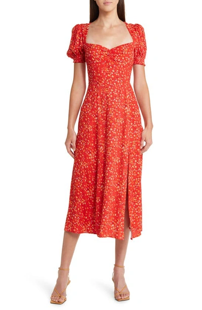 reformation lacey abstract print crepe midi dress Reformation Lacey Smocked Sleeve Dress In Baila