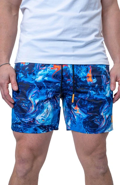 Maceoo Swim Lion Marble Swim Trunks In Blue