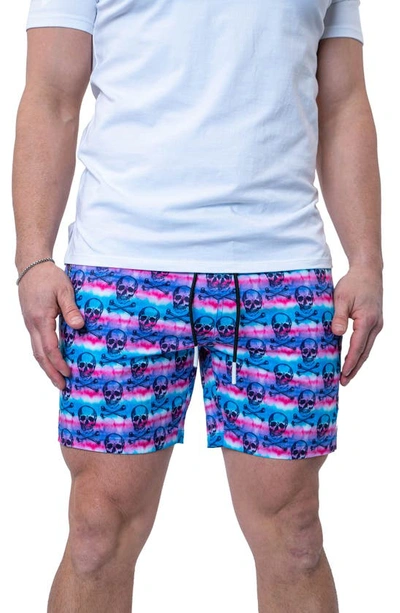 Maceoo Swim Lion Tie Dye Skull Swim Trunks In Blue Multi