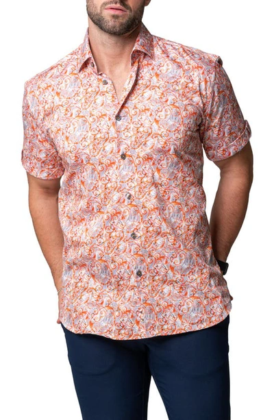 Maceoo Galileo Geometric Short Sleeve Cotton Button-up Shirt In Orange
