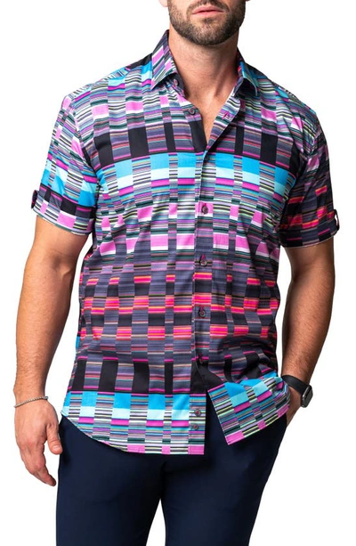 Maceoo Galileo Visible Short Sleeve Cotton Button-up Shirt In Purple Multi