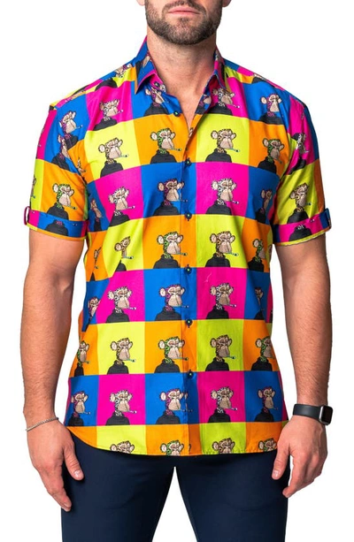 Maceoo Galileo Ape Print Short Sleeve Cotton Button-up Shirt In Yellow Multi