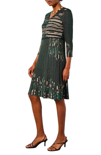 Ming Wang Stripe Jacquard Sweater Dress In Jewel Green/ Champagne/ Black