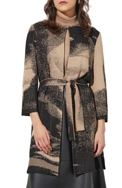 Ming Wang Abstract Jacquard Longline Belted Knit Jacket In Dark Champagne/ Black