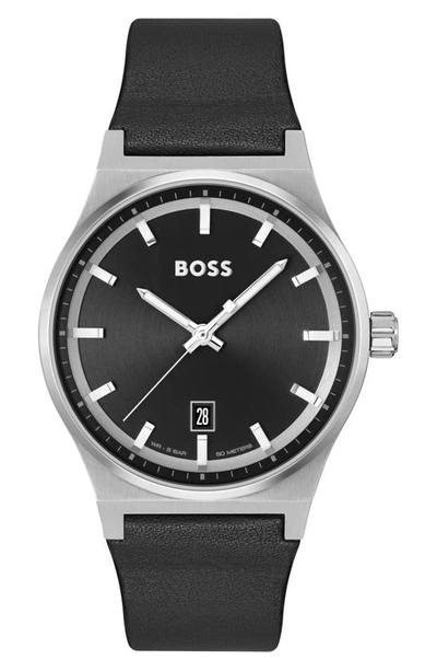 Hugo Boss Boss Men's Candor Quartz Black Leather Watch 41mm, Leather Bracelet Gift Set
