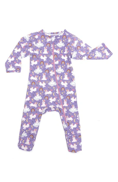 Norani Babies' Unicorn Print Organic Cotton Footie In Purple/ White