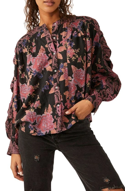 Free People Maraya Floral Print Cotton Button-up Blouse In Black