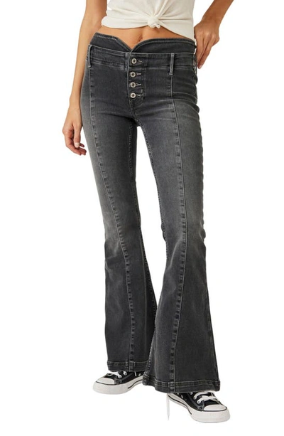 Free People After Dark Exposed Button Mid Rise Flare Jeans In Vintage Black