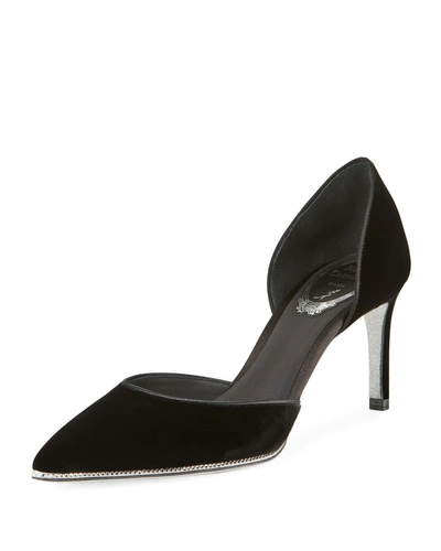 René Caovilla Velvet Pumps With Crystal Trim In Black