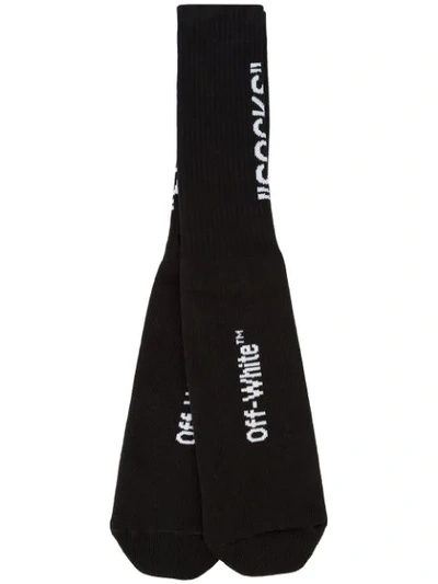Off-white Quote Ribbed-knit Socks In Black