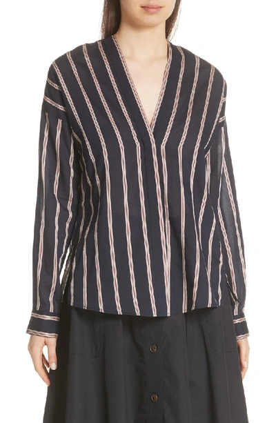 Vince Textured Striped Long-sleeve Blouse In Coastal