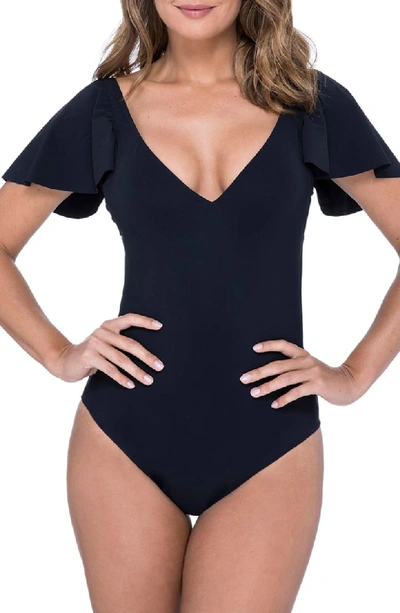 Profile By Gottex Tutti Frutti Flutter-sleeve One-piece Swimsuit In Black