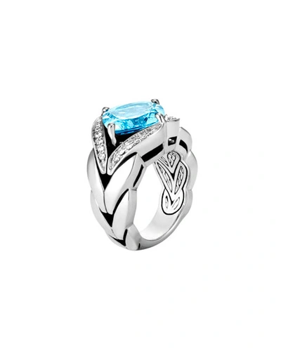 John Hardy Modern Chain Silver Diamond Pave Magic Cut Ring With Blue Topaz