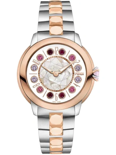 Fendi Ishine Rotating Gemstones Two-tone Watch, 33mm In White/rose Gold
