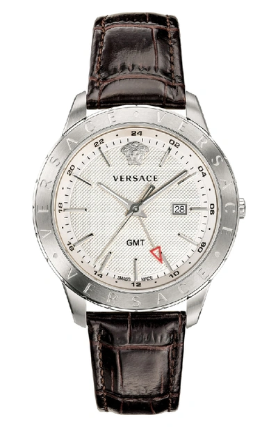 Versace Collection Business Slim Brown Croc-embossed Leather Watch, 43mm In Brown/ White/ Silver