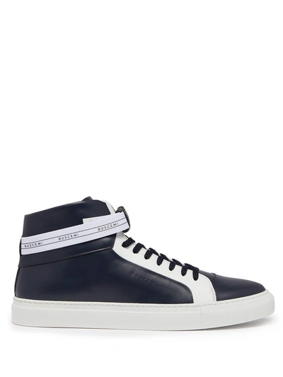 Buscemi Men's 100mm Sport Two-tone Leather High-top Sneakers With Web Band In Oceano/ White