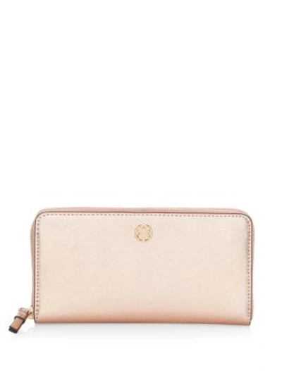 Tory Burch Robinson Metallic Leather Continental Zip Wallet In Light Rose Gold/gold