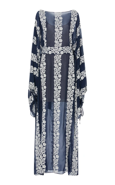 Luisa Beccaria Exclusive Floral-print Chiffon Caftan In Navy