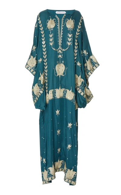 Bthaina Metallic Embellished Embroidered Crepe De Chine Kaftan In Green