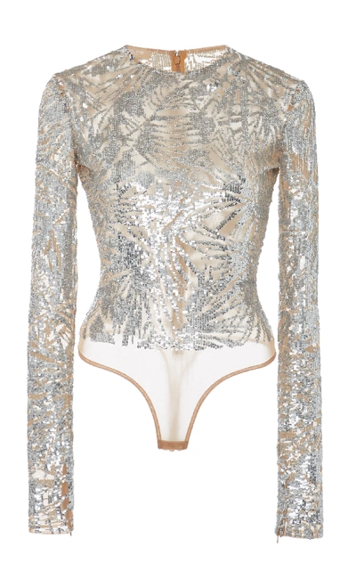 Michael Kors Leaf Embroidered Bodysuit In Silver