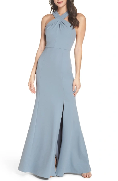 Jenny Yoo Kayleigh Cross Front Crepe Knit Gown In Mayan Blue
