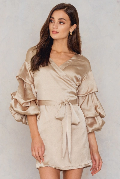 Hot & Delicious Bubble Sleeve Satin Dress - Brown,beige