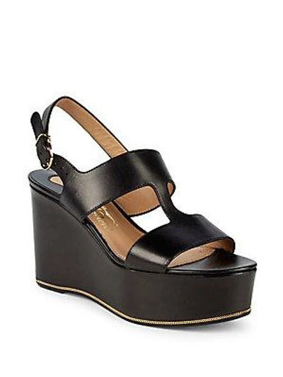 Ferragamo Fiamma Leather Wedge Sandals In Black