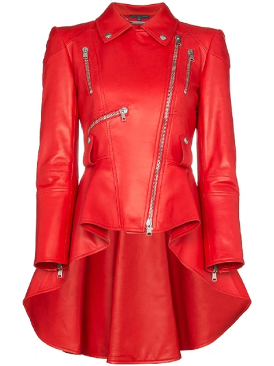 Alexander Mcqueen Asymmetric Ruffle Leather Jacket In Red