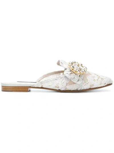 Dolce & Gabbana Embellished Lace Slippers In White