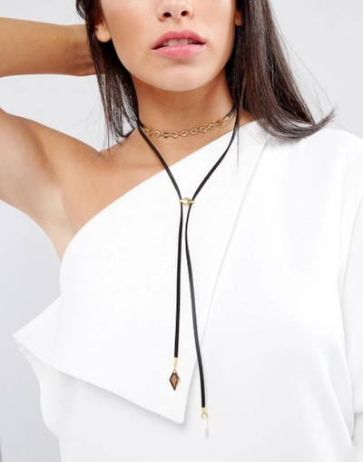 Vanessa Mooney Leather Look Bolo Choker Necklace With Gold Plating Chain And Bead Detailing - Black