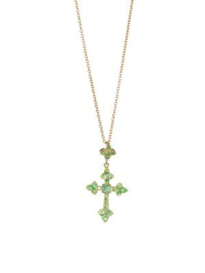 Nayla Arida 18k Yellow Gold Emerald Tsavorite Cross Pendant Necklace