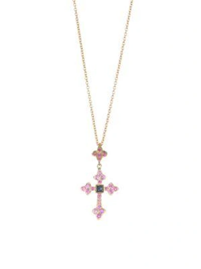 Nayla Arida 18k Yellow Gold, Pink Sapphire & Blue Saphhire Cross Pendant Necklace