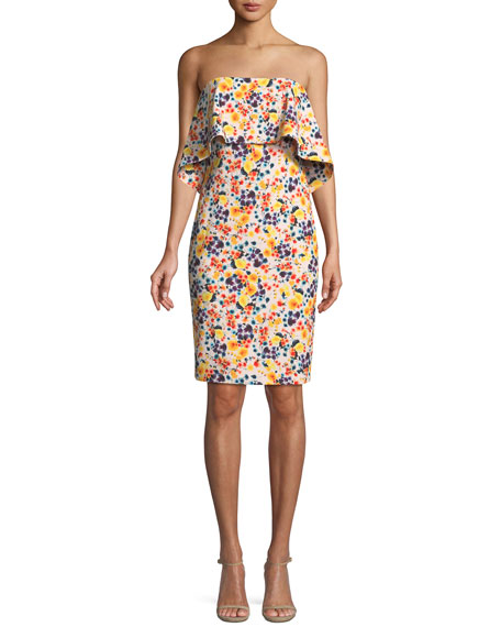 Badgley Mischka Strapless Layered Floral-Print Crepe Dress In Off-White ...