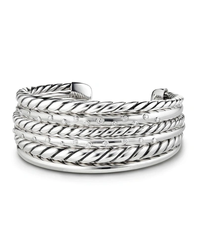 David Yurman Pure Form Silver Multi-row Cuff Bracelet W/ Diamonds In White/silver