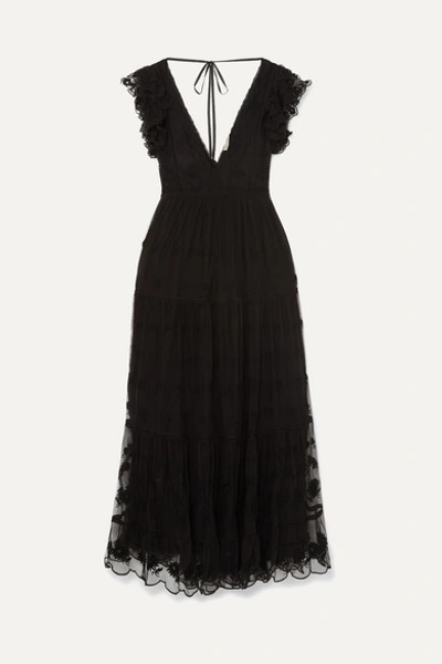Ulla Johnson Fifi Embroidered Tulle And Voile Maxi Dress In Black