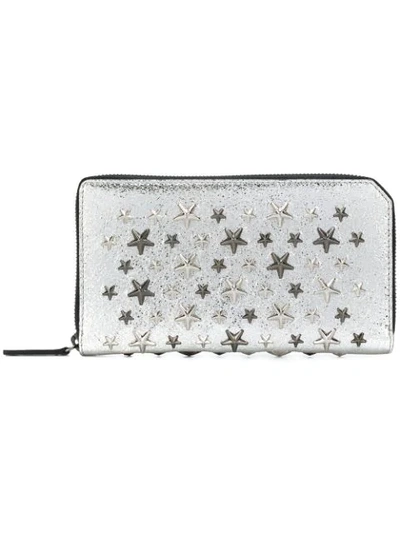 Jimmy Choo Carnaby Champagne Glitter Leather Travel Wallet With Silver And Gunmetal Multi Metal Stars In Metallic