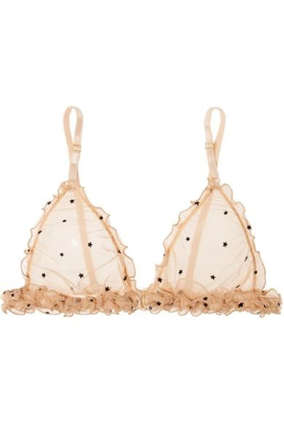 Le Petit Trou Mathilde Ruffled Flocked Stretch-tulle Soft-cup Triangle Bra In Beige