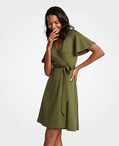 Ann Taylor Petite Flutter Sleeve Wrap Dress In Soft Olive Grove