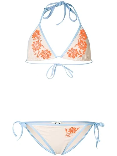 Fendi Orange Floral Embroidered Bikini In Neutrals