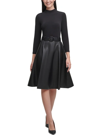 Calvin Klein Womens Faux Leather Mock-neck Fit & Flare Dress In Black