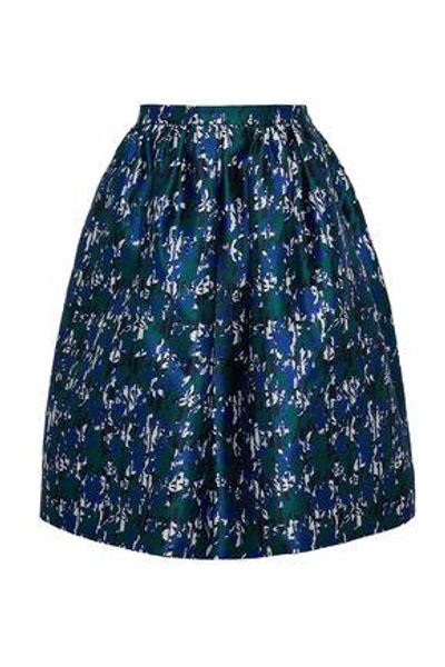 Oscar De La Renta Woman Pleated Silk And Cotton-blend Jacquard Skirt Navy