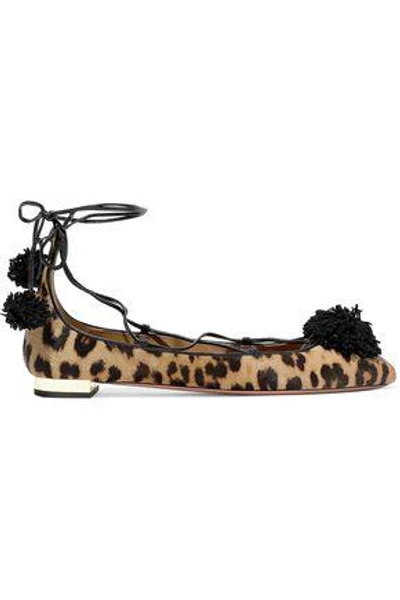 Aquazzura Woman Sunshine Pompom-embellished Leopard-print Calf Hair Ballet Flats Animal Print